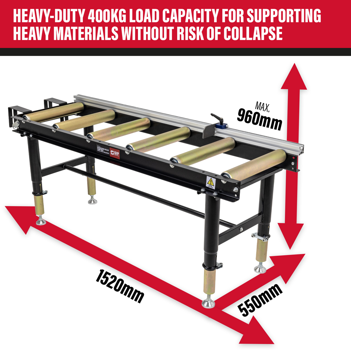 SIP Adjustable Roller Stand Table 1500x400mm 400kg